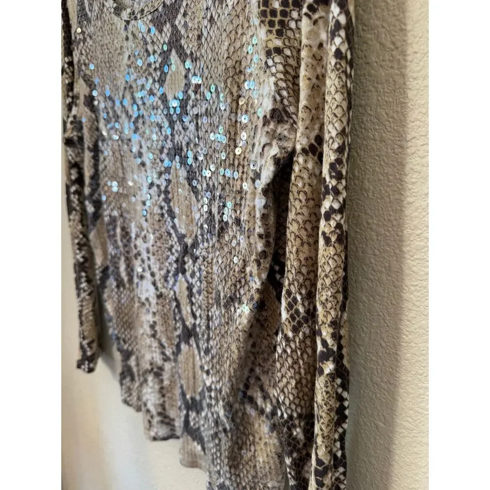 Michael Kors Sneak Print Sequin Jet Set Y2K Long Sleeve Tee Large Brown Glam